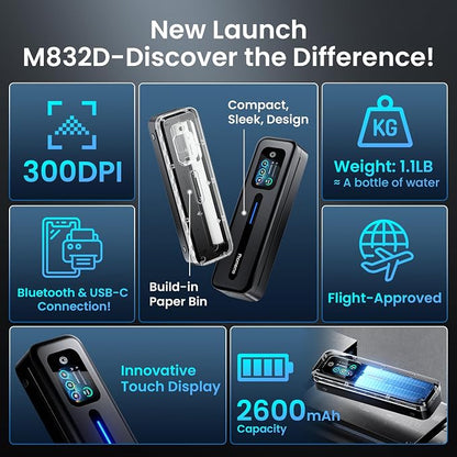 Phomemo M832D Touchscreen Portable Printer Inkless Thermal Wireless Travel | 8.5 x 11 & A4 Size, 300DPI, Bluetooth Small Mobile Compact Printer for Phone/Laptop/Tablet, for Home/Car/School/Office, Black