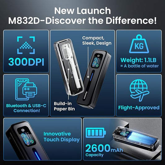 Phomemo M832D Touchscreen Portable Printer Inkless Thermal Wireless Travel | 8.5 x 11 & A4 Size, 300DPI, Bluetooth Small Mobile Compact Printer for Phone/Laptop/Tablet, for Home/Car/School/Office, Black