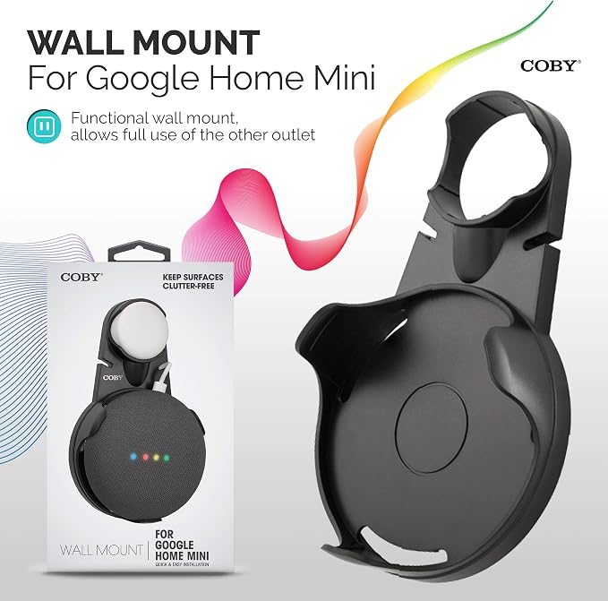 Coby Wall-Outlet Mount Smart Speaker Holder with Cord Holder & Cable Management, Wall Shelf for Google Nest Mini 2nd Gen & Google Home Mini 1st Gen, No Screw Plug Bracket, Black