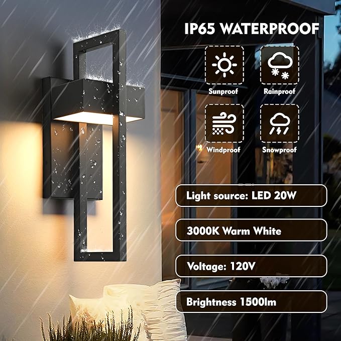 Modern Outdoor Wall Lights 3000K Integrated LED Outdoor Wall Sconces Lighting, Contemporary Exterior Lighting Fixtures Outside Wall Mount Lights for House Porch Front Door Garage, Matte Black 2 Pack