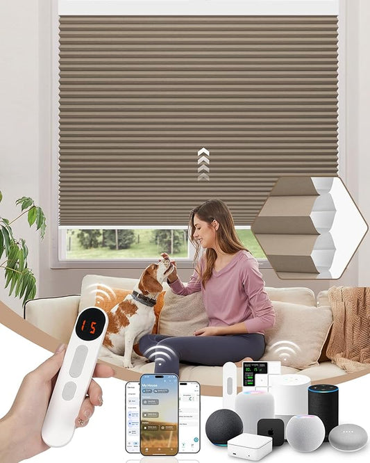 Kincmo Motorized Cellular Shades, Custom Motorized Blinds with Remote, Cordless Smart Electric Honeycomb Blinds Work with Apple HomeKit, Alexa, Google (100%-Blackout-Single-Cell Coffee)