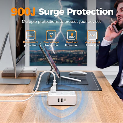 TESSAN Surge Protector Power Strip, 5 Ft Flat Plug Extension Cord with 3 USB (1 USB C 20W PD) 8 Outlets, 1250W, 900J Protection, 3 Sided Outlet Extender with Power Switch for Office, Dorm Room, Grey