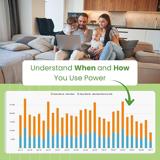 Eyedro Home Energy Monitor – Real-Time Electricity Usage Monitor with Solar Net Metering-Whole House Power Consumption Monitor–WiFi/Ethernet Smart Energy Meter with Reports & History, 2 Sensors