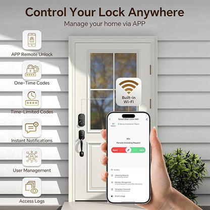 Ulecoce WiFi Smart Door Lock for Front Door, Keyless Entry Door Lock with App Control, Front Door Lock Set, Keypad Deadbolt with Handle Set, 5 Keys, Auto-Lock ＆ One-Touch Lock, One-time Codes, Black