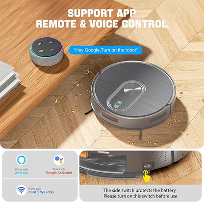 Robot Vacuum and Mop Combo, 6500Pa Strong Suction, 2 in 1 Robotic Vacuum with Gyro Inertial Navigation, 200 Min Runtime, App/Wi-Fi/Voice Control, Slim, for Pet Hair, Hard Floor, Carpet