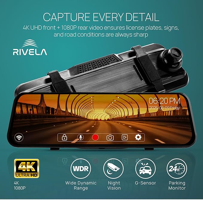 RIVELA 10” Rear View Mirror Camera - 4K Touchscreen Digital Rearview Mirror with GPS, G-Sensor, Loop Recording, Night Vision, 170° Wide Angle, Backup Dash Cam for Cars, Easy Installation
