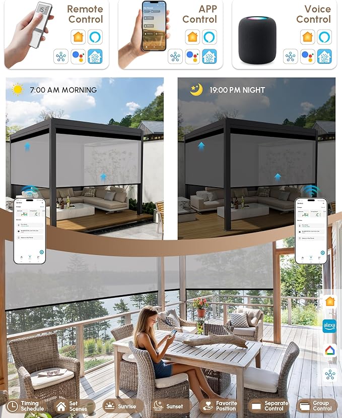 Kincmo Motorized Outdoor Shades for Patio Porch, Custom Outdoor Motorized Blinds with Remote, Waterproof & Windproof Patio Shades Work with Apple Homekit,Alexa,Google (3% Openness White Grey)