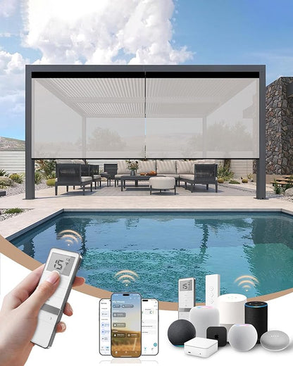 Kincmo Motorized Outdoor Shades for Patio Porch, Custom Outdoor Motorized Blinds with Remote, Waterproof & Windproof Patio Shades Work with Apple Homekit,Alexa,Google (3% Openness White)