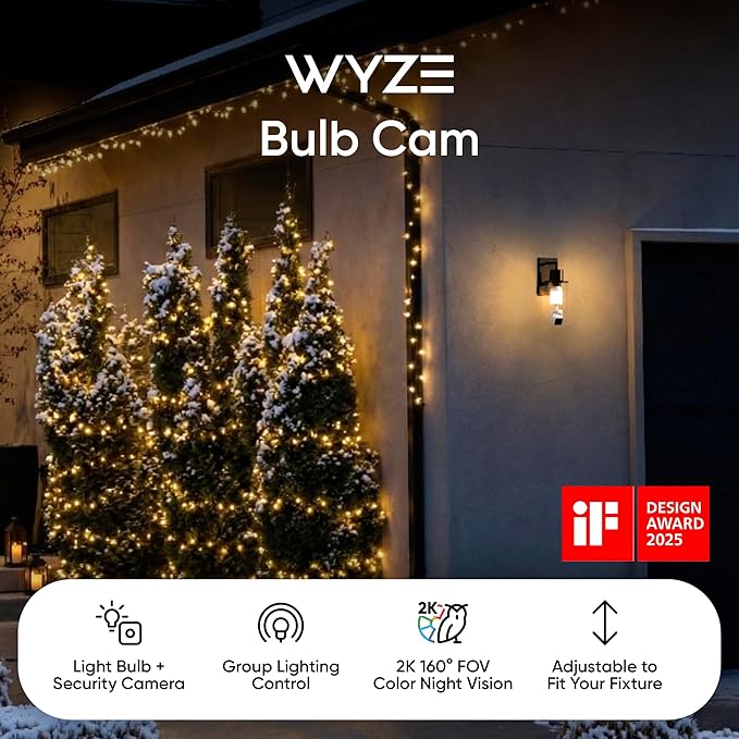 WYZE Bulb Cam - 2K HD Smart Light Bulb Security Camera with Color Night Vision, 800-Lumen Dimmable LED, 160° Wide View, Motion Detection & Siren, E26 Socket, Alexa/Google/IFTTT