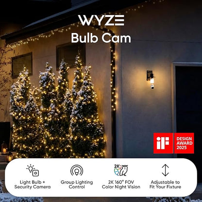 WYZE Bulb Cam - 2K HD Smart Light Bulb Security Camera with Color Night Vision, 800-Lumen Dimmable LED, 160° Wide View, Motion Detection & Siren, E26 Socket, Alexa/Google/IFTTT