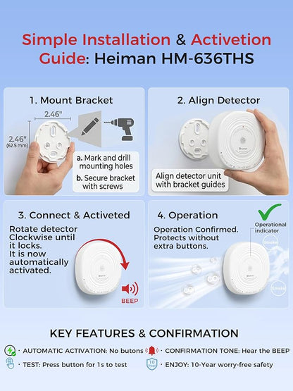 Heiman Smoke & Carbon Monoxide Detector Combo 10-Year Sealed Battery, 6Pack | UL 217 10th/UL 2034 5th Certified/85 dB Alarm, Photoelectric Fire Smoke Alarm & CO Detector for Home Hotel Rental Apartment