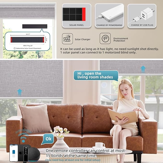 SmartWings Motorized 100% Blackout Shades Blinds, Custom Size, Cordless Window Shades with Rechargeable Battery, Work with Matter/Apple HomeKit, Alexa, Thread/Zigbee, Remote Optional, Safar Rock Grey