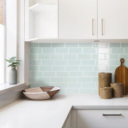 Smart Tiles Peel and Stick backsplash, Subway Pale Aqua, 11.55"x8.38" | Pack of 5 (2.8 sq ft), Glossy, Heat/Moisture Resistant, Low VOC, Kitchen/Bathroom, Renter Friendly, Made in Canada