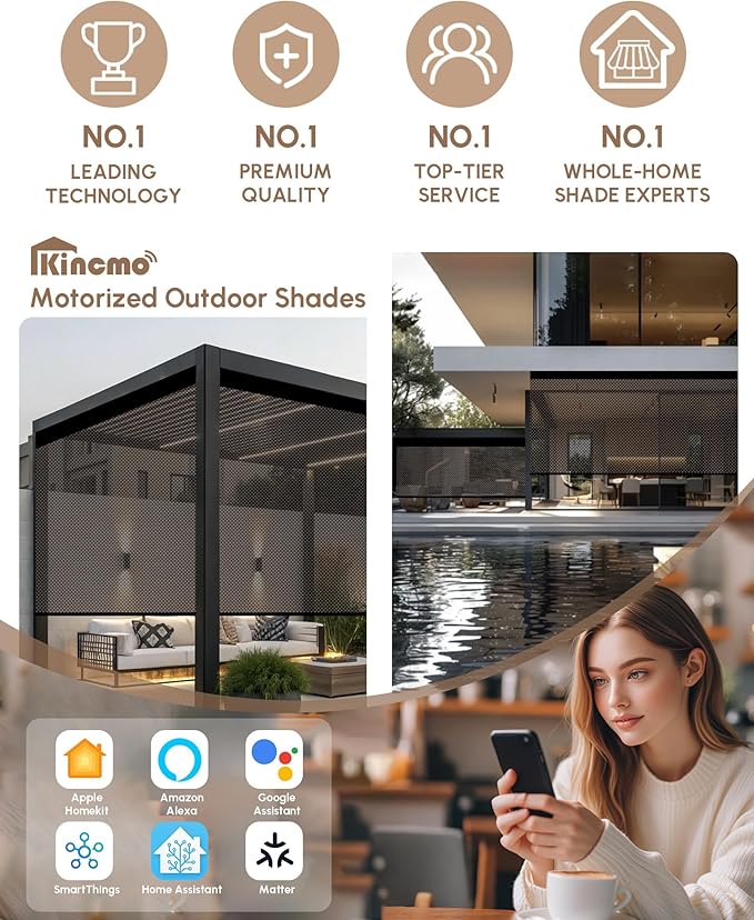 Kincmo Motorized Outdoor Shades for Patio Porch, Custom Outdoor Motorized Blinds with Remote, Waterproof & Windproof Patio Shades Work with Apple Homekit,Alexa,Google (5% Openness Brown)