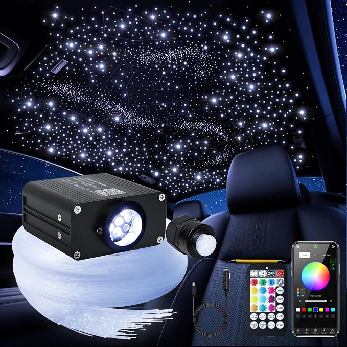 16W Car Home Starlight Headliner Kit, Twinkle & Sound Activate RGBW Fiber Optic Lights with APP & Remote Control, Star Lights for Ceiling Decoration, 200 pcs 9.8ft