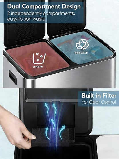 Arlopu 16Gal Dual Trash Can w/2 Built-in Box for Odor Control, Hands-Free Kitchen Garbage Bin, Recycle Waste Dustbin, Soft-Close Lid, 2 Buckets,Foot Pedal, Side Handle, Airtight,for Home (Silver)