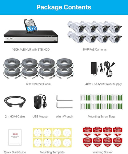 ZOSI 16CH 4K PoE Security Camera System, 4K 16 Channel H.265+ PoE NVR Built-in 3TB HDD, 8Pcs 8MP Home CCTV Cameras Outdoor Indoor, Human Detection, 100ft Night Vision, Remote Access, 24/7 Recording