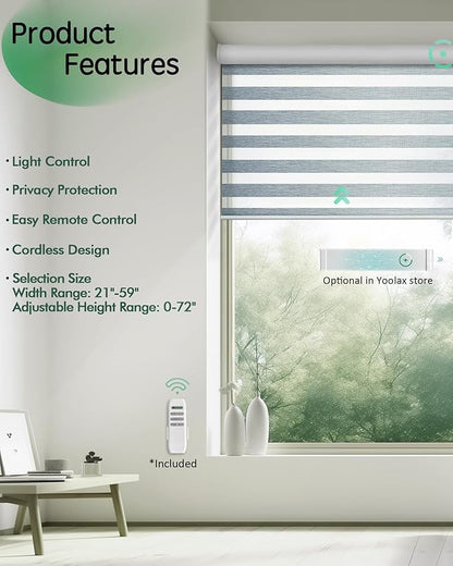 Yoolax Motorized Zebra Blinds, Remote Zebra Shades for Indoor Windows, Motorized Shades with Remote Light Control Horizontal Window Blinds Custom Size(80% Shading Luxury Grey)
