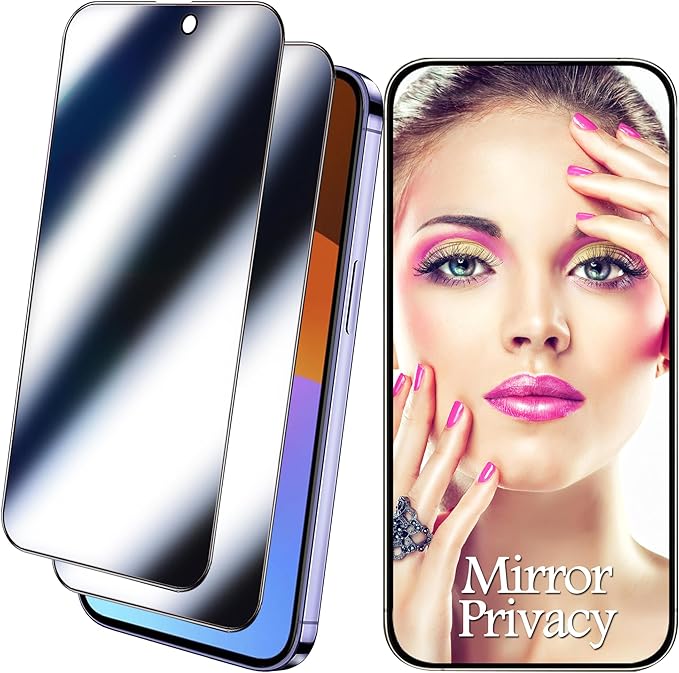 Compatible with iPhone 15 Pro Max Privacy Screen Protector Mirror Tempered Glass Mirrored Effect Anti-Spy Private Easy Installation Frame Full Coverage Bubble Free 2 Pack (6.7 inch Silver)