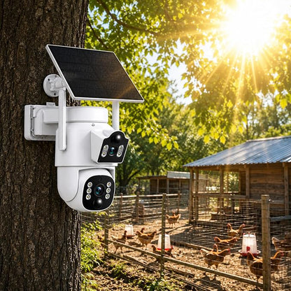 Camcamp Dual Lens Solar Security Cameras Wireless Outdoor System, 1 Camera (2 Views), 2.4/5 GHz WiFi, 2K Color Night Vision, 2-Way Audio, APP Remote, 0 Monthly Fee
