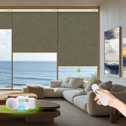 Motorized Blinds with Remote，100% Blackout Smart Blinds Motorized Roller Shades Compatible with Alexa Automatic Blinds for Windows Electric Window Blinds Customized Size Brown Mist