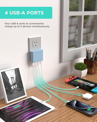 iHome Slim 4-Port USB Wall Charger, Flat Multiport Travel Plug Adapter | Foldable Prongs, 2.4A Rapid Charge Port, Charges iPhone, Android, iPad, AirPods, Travel-Friendly, Charging Block for Home Use