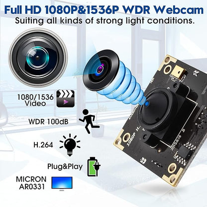 ELP USB Camera WDR H.264 3megapixel 1536p Camera Module for Computer,3mp AR0331 Camera Module with Microphone Mini UVC USB2.0 Webcam Board,WDR 100db 3.7mm Pinhole Hidden USB Camera Module for Most OS