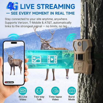 4G Cellular Trail Camera w/Live Feed, AI Detection for Deer, 33MP Photo 2K HD Video, Solar-Powered Live Streaming Game Camera No-Glow IR Flash, 120° FOV, IP65 Waterproof, 32GB SD Card Included