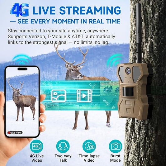 4G Cellular Trail Camera w/Live Feed, AI Detection for Deer, 33MP Photo 2K HD Video, Solar-Powered Live Streaming Game Camera No-Glow IR Flash, 120° FOV, IP65 Waterproof, 32GB SD Card Included