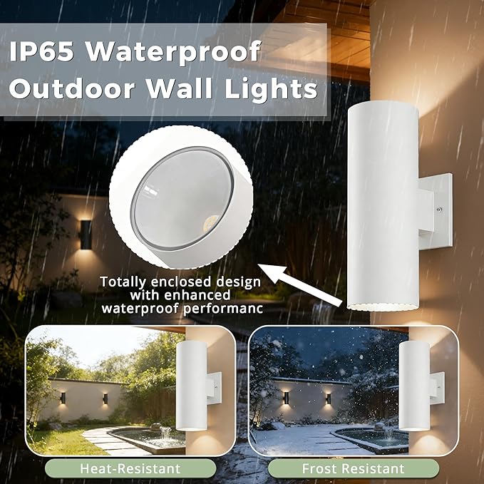 Outdoor Wall Lights, 12'' Up and Down LED Cylinder Exterior Lighting Fixtures, 23W 3000K IP65 Waterproof Wall Sconces for House, Garage, Patio, Porch, White