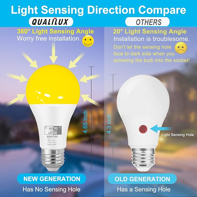 Qualilux Dusk to Dawn Bug Light Bulbs Outdoor, 1900K Amber Yellow, 600 Lumen, LED 9.5W, A19 E26, 4-Pack, HQ-H018