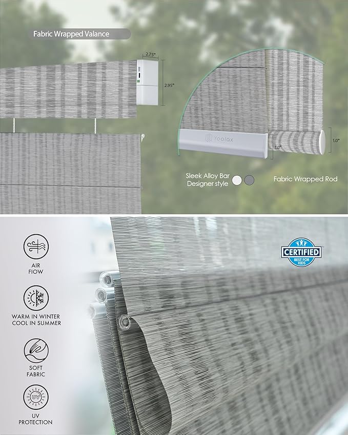 Yoolax Smart Top Down Bottom Up Roman Shades, Motorized Roman Shades with Remote, Light Filtering Smart Blinds Work with Alexa, Google, Apple Homekit for Living Room, Customized (Strip Light Grey)