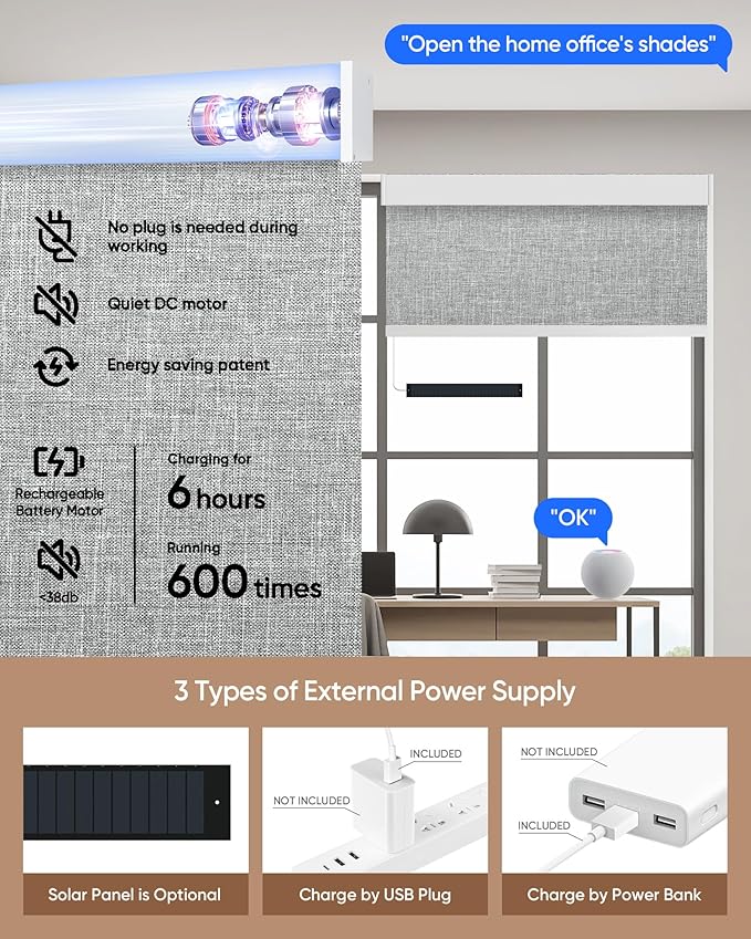Motorized Blinds with Remote: Kincmo 100% Blackout Roller Shades Work with Apple Homekit,Alexa,Google Home, Customized Electric Blinds with App,Voice Control (100% Blackout Meridian Grey)