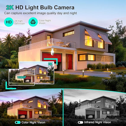 52HZ 2K Light Bulb Security Camera, 2.4GHZ WiFi Lightbulb Security Cameras Wireless Outdoor Indoor, Two-Way Talk, Human Detection, Color Night Vision, Light Socket Security Camera Work with Alexa