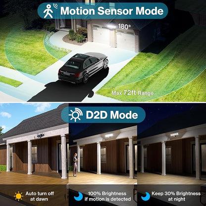Olafus 180W Motion Sensor Outdoor Light Plug in, 18000LM Motion Flood Light Dusk to Dawn, IP65 Waterproof Exterior LED Security Lights, 5 Heads Motion Detector Yard Lights for Garage Backyard - Black