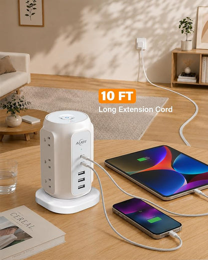 AiJoy 10FT Flat Plug Power Strip Tower with 9 AC Outlets and 5 USB Ports | 1200J Surge Protector Power Strip Outlet Extender Charging Station for Home, Office Supplies, Dorm Essentials
