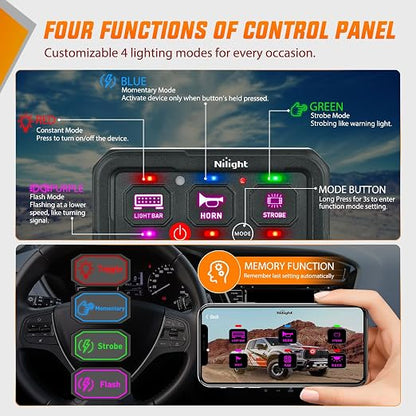 Nilight 6 Gang Switch Panel APP RGB 12V 24V Circuit Control System 4-Mode | Fuse Wiring Harness APP Remote Control Automatic Dimmable Toggle/Momentary/Strobe/Flash for Car Pickup Truck Camper SUV