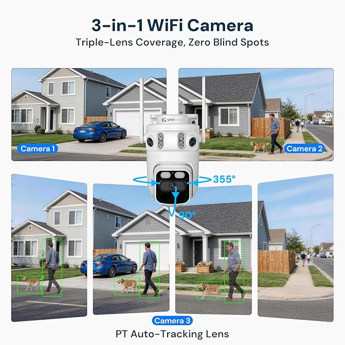 yeewise Triple Lens Wireless Security Camera System with 12" Monitor, 180° Wide View + 360° PTZ AI Tracking, WiFi 6, 16CH NVR, 24/7 Recording, 500GB HDD, No Monthly Fee, Plug-in Power