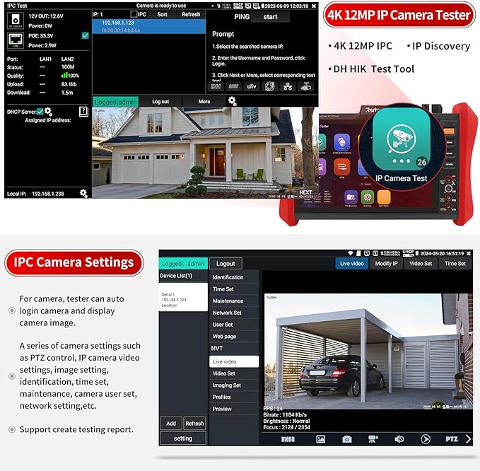 Rsrteng CCTV Tester 4K 12MP IP Camera Tester POE++ Max 90W POE Camera Tester OPM/VFL/DMM,8MP TVI/CVI/AHD/CVBS Coaxial Camera Tester,1CH SFP Module,WiFi,Network Tools,Cable Tester,HD/VGA,POE Detection