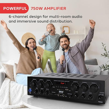 Pyle Bluetooth Wireless Home Amplifier System - Upgraded 6 Channel Audio, 750 Watt Power, Easy Karaoke, Stereo Receiver w USB-A, Micro SD, Headphone, 2 Microphone Input w/Echo, Talkover for PA