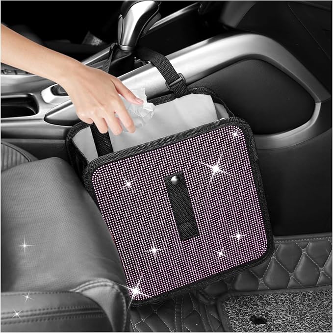 Bling Car Trash Can with Rhinestone,Foldable Car Garbage Can for in-Vehicle Waste Disposal,Multipurpose Hanging Back Seat Organizer & Decorations Fit for Most Cars Trucks (Pink)
