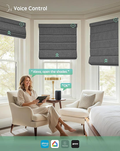 Yoolax Motorized Roman Shades with Remote, Smart Roman Shades for Windows, Blackout Automatic Blinds Work with Alexa, Google Home, Apple Homekit for Living Room Bedroom, Customized (Dark Grey)