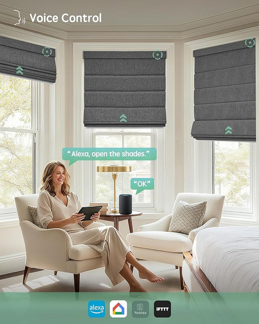 Yoolax Motorized Roman Shades with Remote, Smart Roman Shades for Windows, Blackout Automatic Blinds Work with Alexa, Google Home, Apple Homekit for Living Room Bedroom, Customized (Dark Grey)
