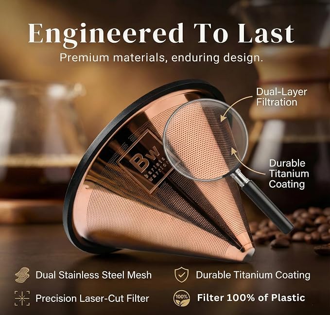 Barista Warrior Reusable Coffee Filter - Stainless Steel Pour Over Dripper, Compatible for Chemex, Hario V60 & Drippers, Easy to Clean Flavorful Brew Fine Mesh Coffee Filter - Copper