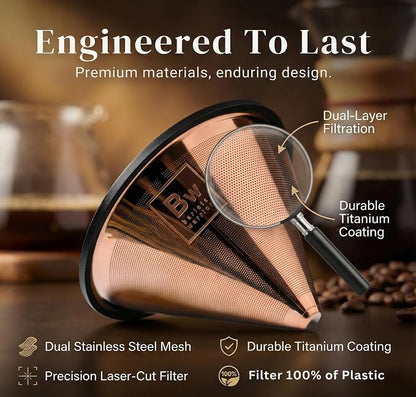 Barista Warrior Reusable Coffee Filter - Stainless Steel Pour Over Dripper, Compatible for Chemex, Hario V60 & Drippers, Easy to Clean Flavorful Brew Fine Mesh Coffee Filter - Copper