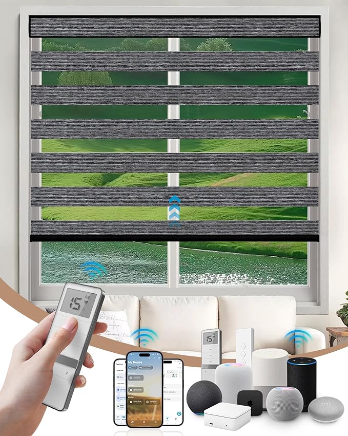 Kincmo Motorized Blinds with Remote, Motorized Zebra Shades Work with Apple Homekit,Alexa,Google Home, Customized Electric Blinds with Remote,App,Voice Control (60% Blackout Monet Black)