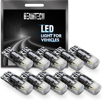 BEAMTECH 194 LED Bulbs, 6500K White Light, 168 2825 W5W T10 LED Light Build-in CANBUS for Interior Dome Map Door License Courtesy Dash Lights, 10 Bulbs.