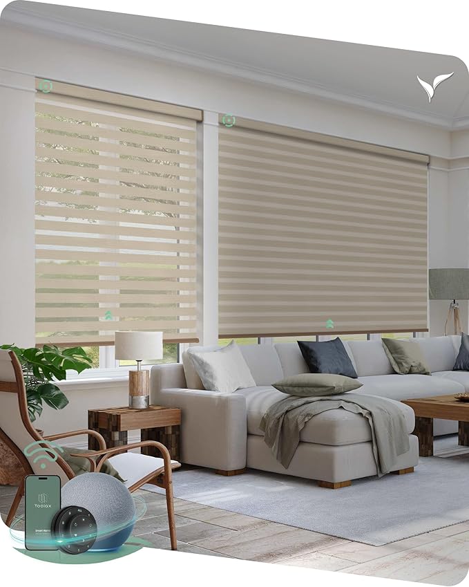 Yoolax Motorized Blinds with Remote, Motorized Zebra Blinds Compatible with Alexa, Privacy Motorized Blinds, Zebra Shades for Windows Custom Size(V-Haze Narrow Linen)