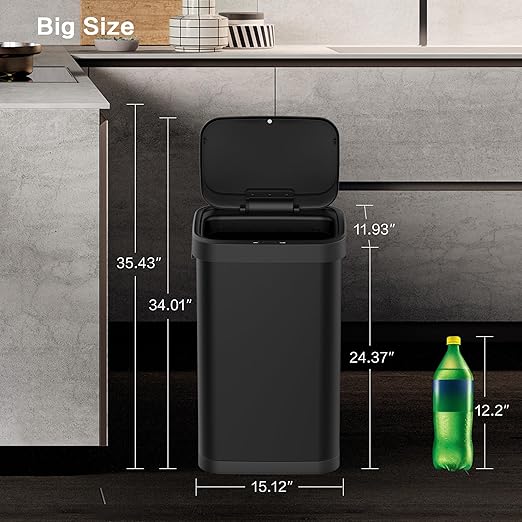 13 Gallon Stainless Steel Touchless Sensor Trash Can with, Wide Rectangular Design, Brushed Finish – Automatic Lid for Home, Office, Kitchen, Bathroom, and Commercial Use (Black)