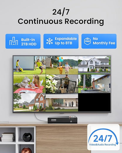 ZOSI 4K PoE NVR Security Camera System with Audio, Smart Person Vehicle Detection, People Counting, 8pcs 8MP Weatherproof Wired PoE Cameras, H.265+ 4K/8MP 8CH NVR with 2TB HDD for Home 24/7 Recording